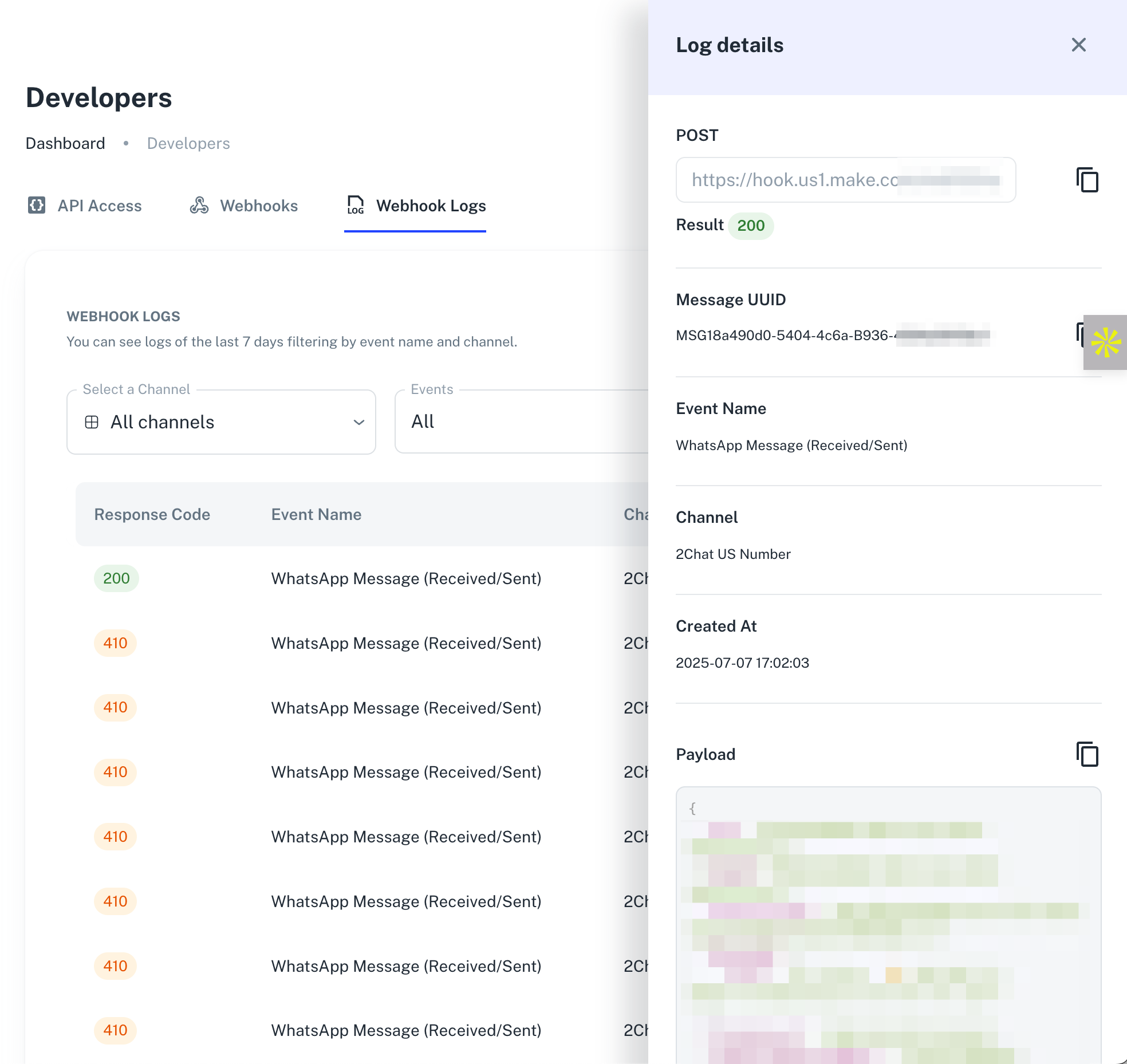 2Chat API Access Screen